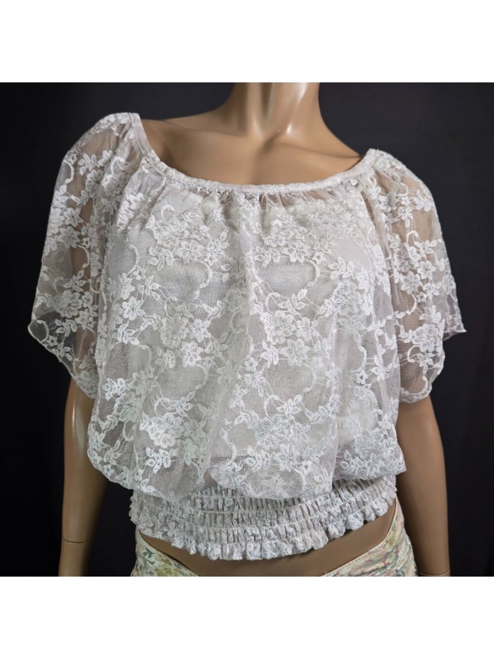 Y2K Bone White Lace Blouson Top Size M Fairy Cottagecore Boho Romantic